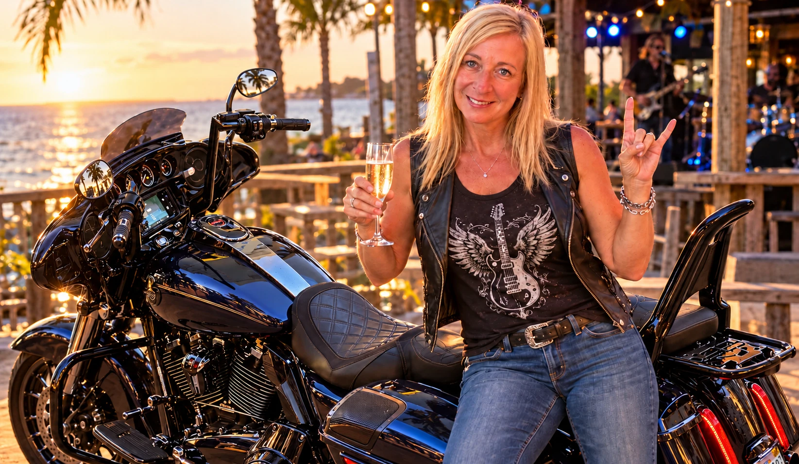Ginny holding champagne and raising the rock sign beside John’s motorcycle