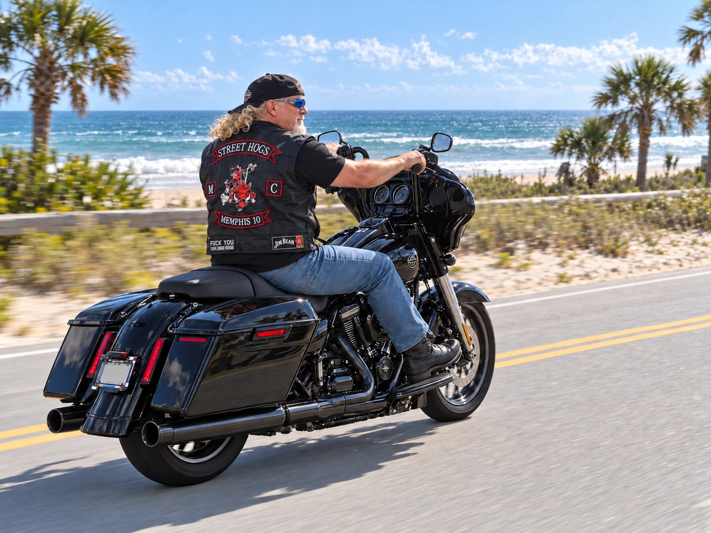 John riding his Street Glide along the coast in his Street Hogs vest